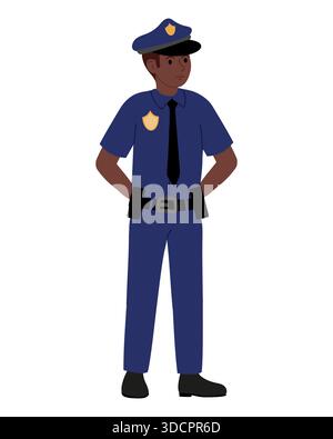 Agente di polizia nero in uniforme blu con distintivo sulla camicia mani in piedi sui fianchi. Illustrazione vettoriale piatta. Illustrazione Vettoriale