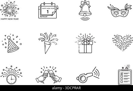 Le icone della linea di celebrazione del buon anno con fuochi d'artificio, calendario, campana, cappello da festa, confezione regalo e molto altro ancora. Illustrazione EPS vettoriale con contorno minimo. Illustrazione Vettoriale