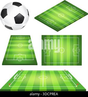 Imposta il campo da calcio con palla, bandiera e gol. Icone di calcio realistiche, piatte e isometriche. Illustrazione vettoriale isolata Illustrazione Vettoriale