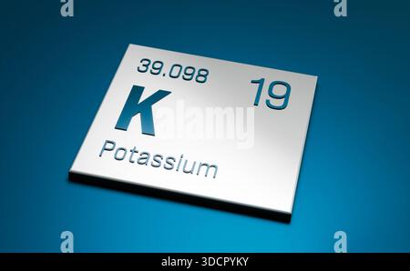 Potassio, elemento tavola periodica. Potassio, elemento tavola periodica. Scienza, metallo, elemento chimico, struttura, peso atomico, numero atomico. Illustrazione 3D science027s Periodic Table Element potassio Foto Stock