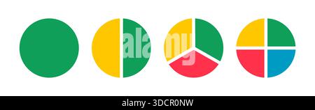 Torte segmentate da 1 a 4 parti uguali. Ruote divise in sezioni. Diagrammi ciambelle. Infografica sui diagrammi multicolore. Grafico della sezione circolare. Torta Illustrazione Vettoriale