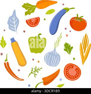 Verdure organiche sane in stile piatto. Vegan Food Concept Circle composizione su sfondo bianco. Set icona colorato di verdure fresche miste Sty Illustrazione Vettoriale