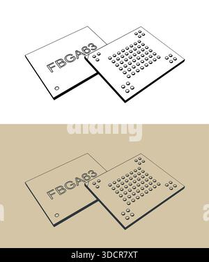 Illustrazioni vettoriali stilizzate con microchip di memoria a griglia a sfera fine Illustrazione Vettoriale