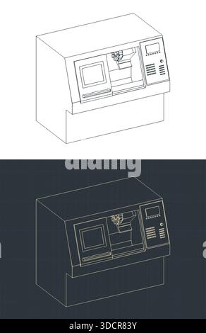 Disegni isometrici della macchina per tornio CNC illustrazioni vettoriali stilizzate Illustrazione Vettoriale