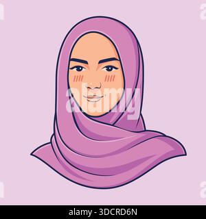Illustrazione di una bella giovane donna musulmana che indossa un hijab rosa e guance rosate Illustrazione Vettoriale