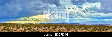 Panorama tempestoso al tramonto sul deserto del Nevada e sul paesaggio montano Foto Stock
