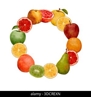 Ghirlanda di frutta acquerello con fette di agrumi, kiwi, pera e mela disposte in composizione circolare, morbide texture dipinte a mano, calda e vivace tavolozza, Wh Foto Stock
