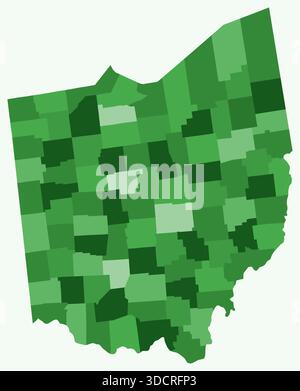 Mappa dell'Ohio con le contee. Solo una semplice mappa del confine di stato con la divisione della contea. Tavolozza dei colori verde. Illustrazione Vettoriale