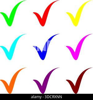 Set di nove icone di selezione colorate - segni di spunta vettoriali multicolori per la verifica Illustrazione Vettoriale
