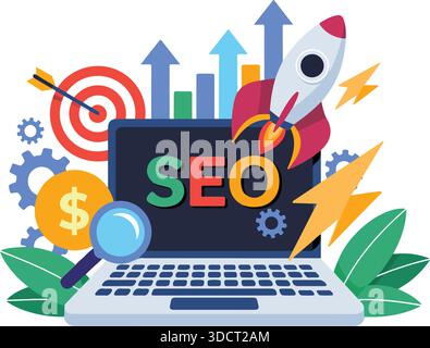 SEO Service and Website Ranking Optimization Creative Design Illustrazione Vettoriale