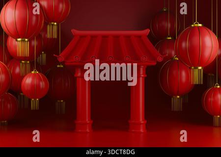 Cancello tradizionale del capodanno cinese con interni festivi di lanterne rosse. Foto Stock