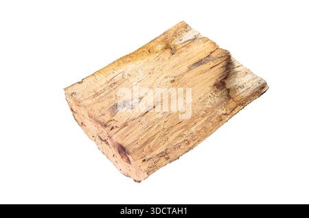 Pezzo unico di legna da ardere tagliata ruvida con grana visibile e consistenza su sfondo bianco Foto Stock
