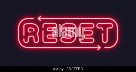 Segno rosso di reset al neon con frecce, creato per gli elementi dell'interfaccia e i concetti di riavvio. Il bagliore dinamico suggerisce un tocco di freschezza e un nuovo inizio istantaneo. Illustrazione Vettoriale