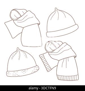 Set di articoli caldi lavorati a maglia, articoli lavorati a mano. Abbigliamento in lana. Cappello, sciarpa e guanti. Illustrazione lineare vettoriale. Una collezione di maglie calde Illustrazione Vettoriale