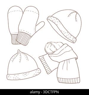 Set di articoli caldi lavorati a maglia, articoli lavorati a mano. Abbigliamento in lana. Cappello, sciarpa e guanti. Illustrazione lineare vettoriale. Una collezione di maglie calde Illustrazione Vettoriale