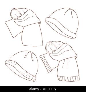 Set di articoli caldi lavorati a maglia, articoli lavorati a mano. Abbigliamento in lana. Cappello, sciarpa e guanti. Illustrazione lineare vettoriale. Una collezione di maglie calde Illustrazione Vettoriale