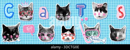 Set di facce vettoriali di collage mezzitoni Cat, divertenti elementi grafici per teste di animali per brochure, imballaggi e striscioni Illustrazione Vettoriale