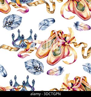 Elegante motivo ad acquerello senza cuciture ispirato al balletto classico. Scarpe, corone, nastri e piume di punta creano una composizione romantica e graziosa Foto Stock