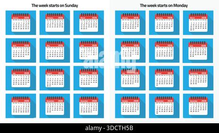 Modelli di calendario mensili per il 2026. La settimana è domenica e lunedì Illustrazione Vettoriale