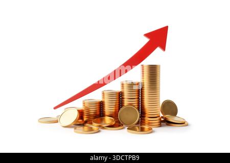 rendering 3d di pile di monete d'oro disposte in un grafico a barre crescente con una freccia rossa rivolta verso l'alto a simboleggiare il successo economico, il profitto Foto Stock