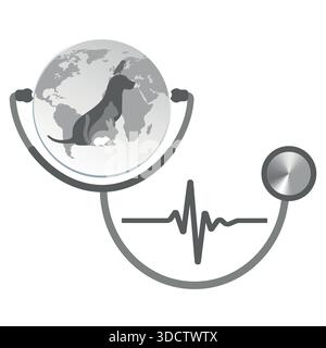 Immagine del logo di una clinica veterinaria. Animali domestici con globo su sfondo bianco. Illustrazione Vettoriale