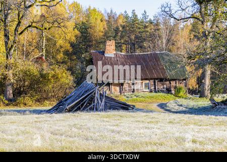 Un affascinante vecchio edificio in legno con un mucchio di legno davanti, situato in un prato autunnale ghiacciato. Foto Stock