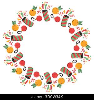 Festiva cornice rotonda con fuochi d'artificio. Corona colorata con frutta e decorazioni natalizie. Illustrazione Vettoriale