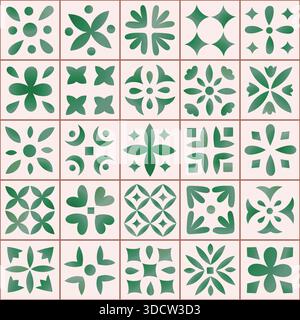Acquerello verde mediterraniano ornamentale con piastrelle azulejo motivo senza cuciture. Parete vettoriale floreale gradiente, carta, design del pavimento. Illustrazione Vettoriale
