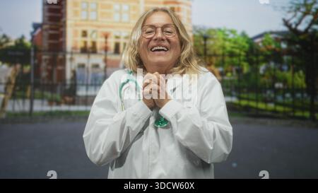 Medico donna anziano con stetoscopio che stringe le mani al petto di fronte a un edificio ospedaliero, sorridendo delicatamente e radiando cura; gratitudine guarigione. Foto Stock