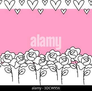 Cuori e rose San Valentino incorniciano il bordo orizzontale senza cuciture. Illustrazione in bianco e nero della linea grafica vettoriale. per pacchetto, design delle vacanze, fabr Illustrazione Vettoriale