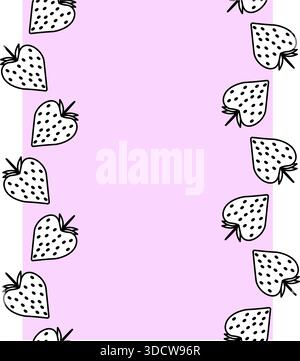 Cornice di San Valentino Strawberry con bordo verticale senza cuciture. Illustrazione in bianco e nero della linea grafica vettoriale. per illustrazioni per bambini, confezioni alimentari, s Illustrazione Vettoriale