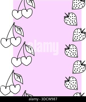 Ciliegi e fragole di San Valentino incorniciano il bordo verticale senza cuciture. Illustrazione in bianco e nero della linea grafica vettoriale. Poster campione, invit Illustrazione Vettoriale