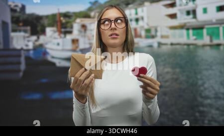 Una giovane donna ha una busta kraft e un piccolo oggetto rosso a forma di cuore in un ambiente da studio mentre indossa gli occhiali; dubbio romantico. Foto Stock