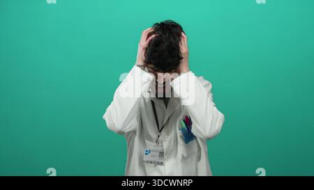 Giovane in un camice da laboratorio che esprime frustrazione su sfondo verde, trasmette stress o confusione in un contesto scientifico o medico. Foto Stock
