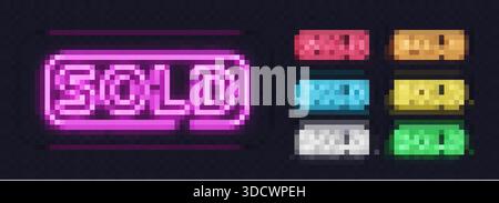 Set di insegne al neon VENDUTE in stili colorati, perfette per il settore immobiliare, l'e-commerce o la grafica di liquidazione. Illustrazione Vettoriale