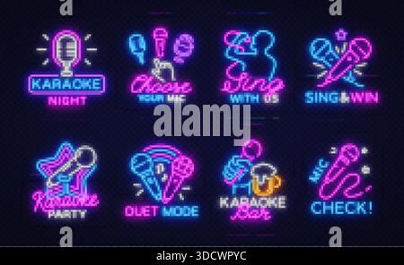 Colorato set di icone al neon del karaoke con caratteri accattivanti e simboli canori, ideale per la promozione digitale o gli annunci notturni. Illustrazione Vettoriale