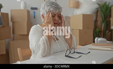 Senior Grey Haired Plus size rimuove gli occhiali e strofina le tempie in mezzo a scatole mobili impilate nell'edificio, spostando lo stress. Foto Stock