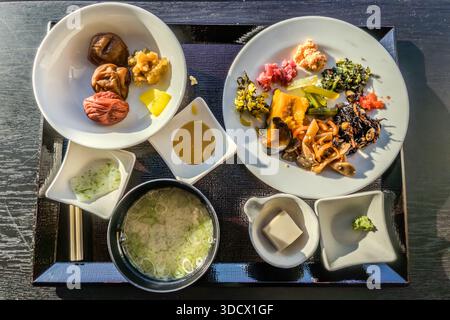 Un vassoio per la colazione con diverse piccole ciotole mostra una colazione tradizionale giapponese a Wakayama, inclusa zuppa di miso, tofu, prugne ume sottaceto (umeboshi) e wasabi tra i contorni. Prefettura di Wakayama, Giappone. Foto Stock