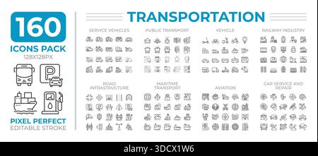 Raccolta delle icone delle linee di trasporto Illustrazione Vettoriale