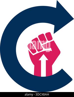 Disegno del logo freccia cerchio freccia su mano icona Revolution Power Vector Template Illustrazione Vettoriale