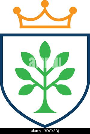 Design con logo a forma di foglia della corona a scudo Royal Nature Template Vector Illustrazione Vettoriale