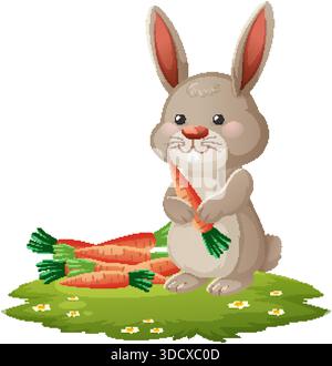 Coniglio bruno di cartoni animati che regge la carota, seduto su erba verde con fiori, in stile vettoriale luminoso Illustrazione Vettoriale