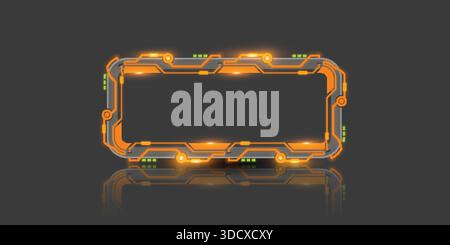 Futuristico telaio HUD arancione con elementi di circuito luminosi, ideale per interfaccia fantascientifica, interfaccia utente di gioco, banner tecnologici e design di display digitale. Illustrazione Vettoriale
