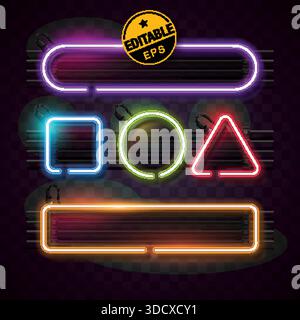 Collezione di vivaci cornici geometriche al neon, tra cui forme circolari, quadrate e triangolari. Set vettoriale modificabile per cartellonistica creativa e banner. Illustrazione Vettoriale