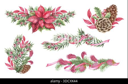 Set di allestimenti natalizi con fiori di punta e cono di pino in acquerello dipinto a mano. Rosa rosso e verde creano un'atmosfera festosa. Ideale Foto Stock