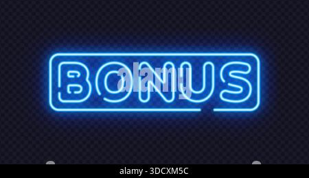 Insegna bonus Blue neon in stile vettoriale minimalista, ideale per promozioni, premi e offerte speciali. La luce soffusa aggiunge un tocco moderno. Illustrazione Vettoriale