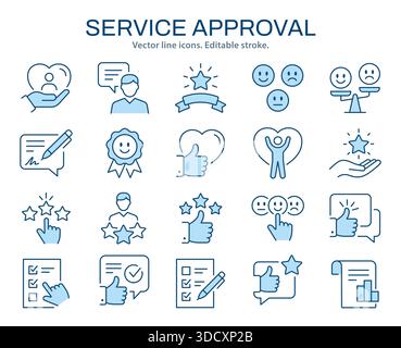 Set di icone di approvazione del servizio. Visualizzazione di feedback, valutazioni, recensioni e metriche di soddisfazione dei clienti tramite icone di interfaccia traccia modificabili. Illustrazione Vettoriale