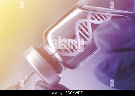 Scienziato che aspira il vaccino dal flaconcino con la siringa, primo piano. Filamento di DNA in liquido Foto Stock