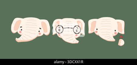 Set di tre elefanti vettoriali isolati bianchi o rosa disegnati a mano. Stile cartoni animati piatto per carte, inviti, libri scolastici Illustrazione Vettoriale