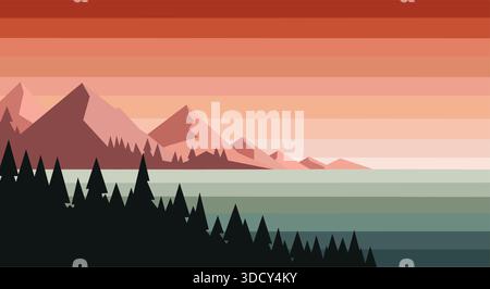 Un'attraente illustrazione vettoriale minimalista di un tranquillo paesaggio montano e forestale durante il tramonto o il crepuscolo. Illustrazione Vettoriale